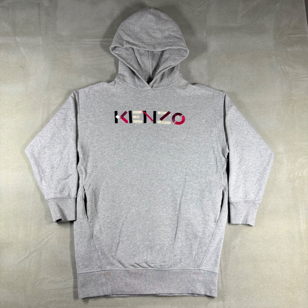 Kenzo Paris Women Gray Embroidered Logo Longline Hoodie Sweatshirt FA62RO7724MO